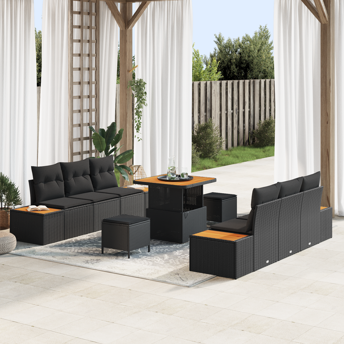 Set de canapea de grădină vidaXL cu 9 piese și perne Ratan negru Acacia - WALTI WALTI