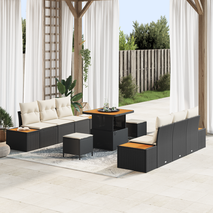 Set de sofa de grădină 9 piese cu perne Ratan Poli Negru Acacia - WALTI WALTI