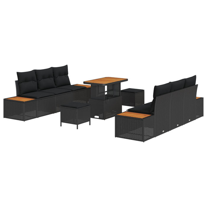 Set Canapea Grădină de 9 Piese cu Perne - Poliratan Negru & Acacia - WALTI WALTI