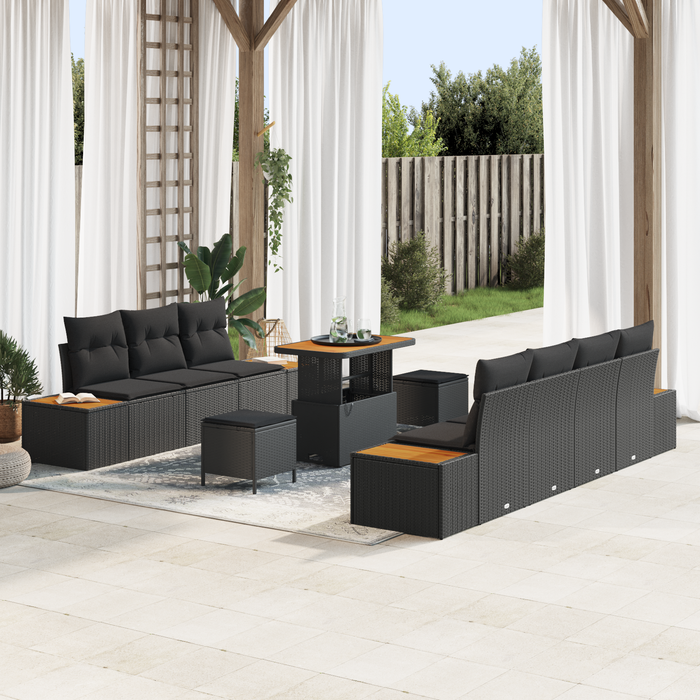 Set de Canapea de Grădină vidaXL cu 10 Piese cu Perne Negru Ratan Poli Acacia - WALTI WALTI