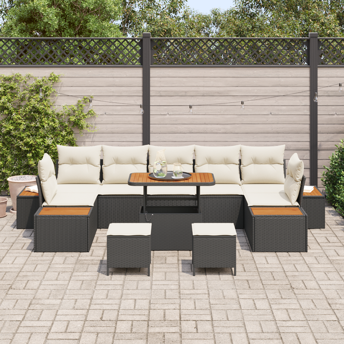 Set de canapea de grădină vidaXL cu 10 piese cu perne Negru Ratan poli Acacia - WALTI WALTI