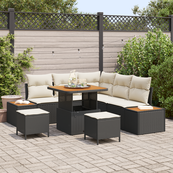 Set de sofa de grădină vidaXL cu 8 piese și perne Ratan poliester negru Acacia - WALTI WALTI