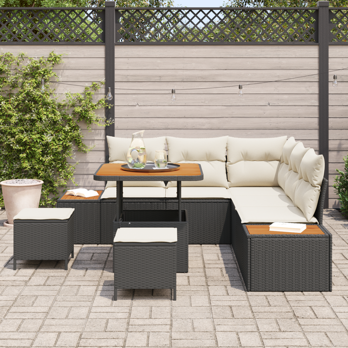 Set de sofa de grădină vidaXL cu 8 piese și perne Ratan poliester negru Acacia - WALTI WALTI