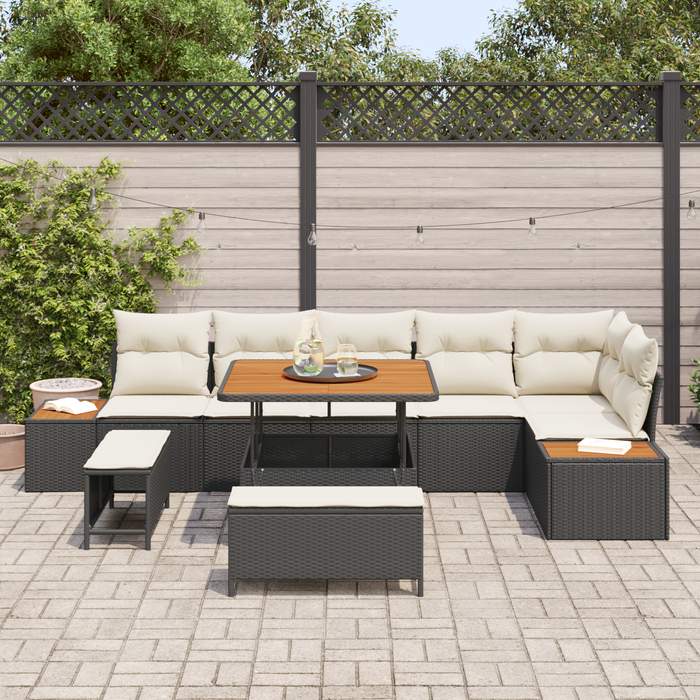 Set de canapea de grădină vidaXL în 9 piese cu perne negre din rattan sintetic și acacia - WALTI WALTI