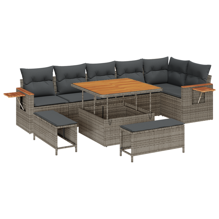 Set de Sofa de Grădină vidaXL 9 Piese cu Pernuțe Gri Poliratan Acacia - WALTI WALTI