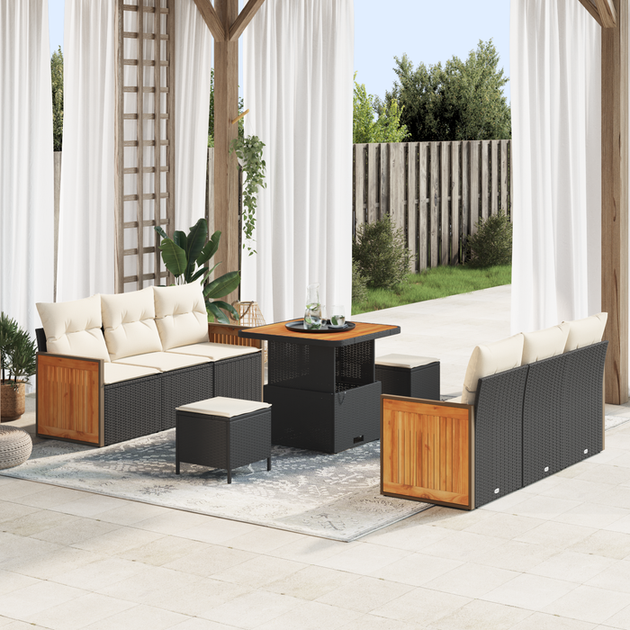 Set Canapea Grădină vidaXL cu 9 Piese și Perne Ratan Negru Acacia - WALTI WALTI