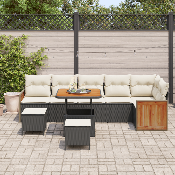 Set de canapea de grădină vidaXL cu 9 piese cu perne Negru Poliratan Acacia - WALTI WALTI