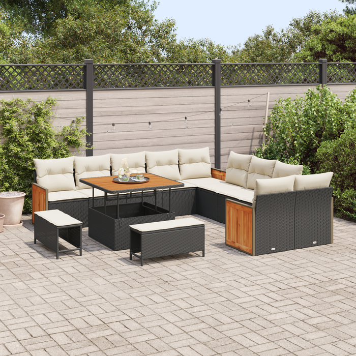 Set canapea grădină vidaXL 13 piese și perne Negru Ratan poli Acacia - WALTI WALTI