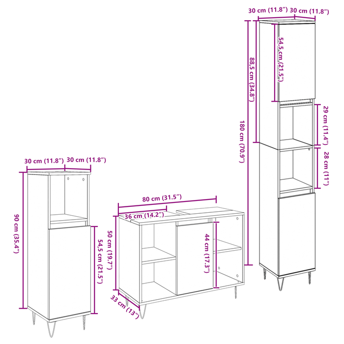 Set Mobilier Baie vidaXL 3 piese Stejar Negru Lemn Prelucrat - WALTI WALTI