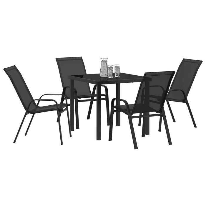 Set de dining pentru grădină vidaXL 5 piese Negru Textil și Oțel, Masă de grădină vidaXL Neagră 80x80x73 cm Sticlă Temperată - WALTI WALTI