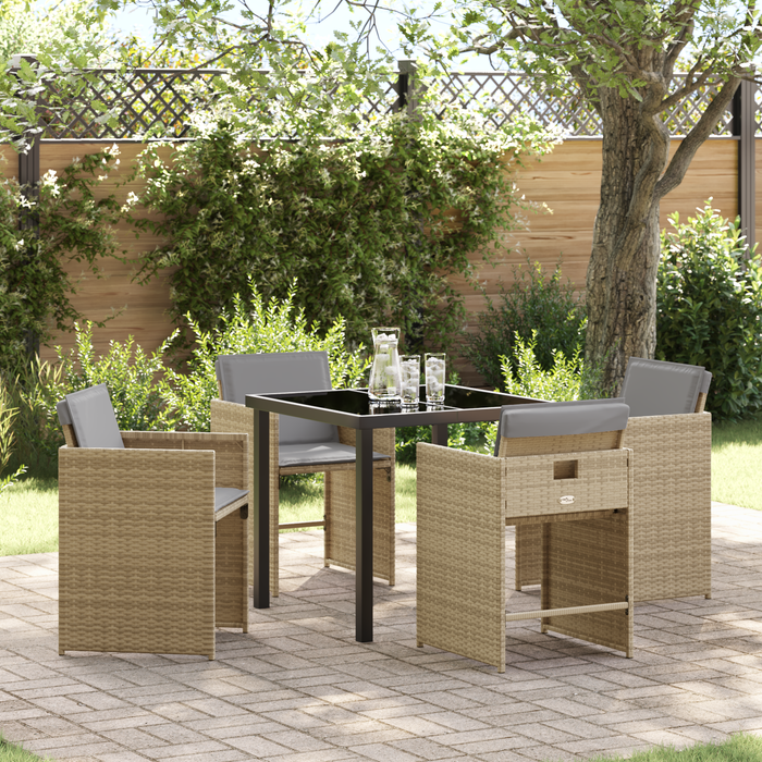 Set dining 5 piese grădină vidaXL cu perne bej din ratan poli, Masă grădină vidaXL neagră 80x80x73 cm din sticlă temperată - WALTI WALTI