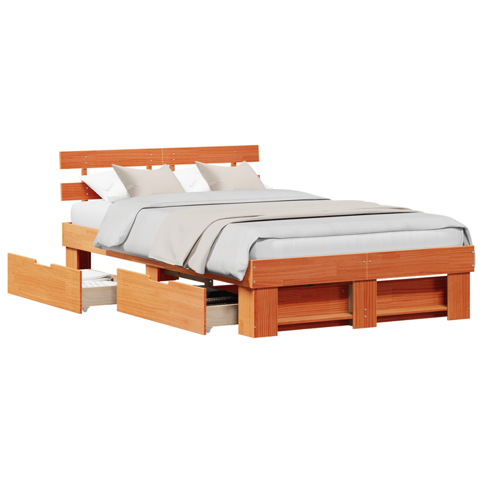Cadru de pat cu sertare maro cerat 135x190 cm lemn masiv de pin - WALTI WALTI