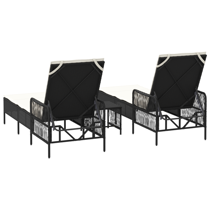 Set de Șezlonguri Set de 3 Negru și crem Ratan PE, metal Pliabil - WALTI WALTI