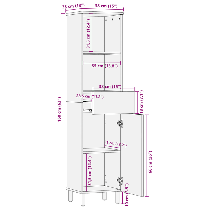 Cabinet de baie 38x33x160 cm Lemn masiv de acacia - WALTI WALTI