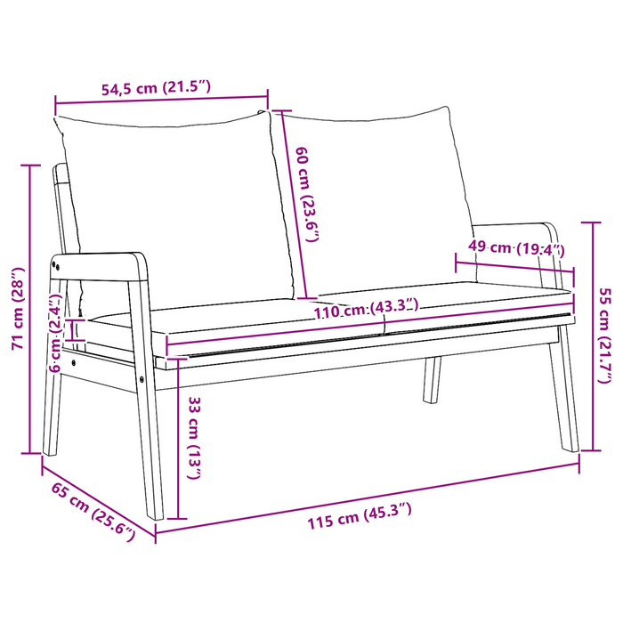 Bancă de grădină cu perne, 115x65x71 cm, lemn masiv acacia - WALTI WALTI