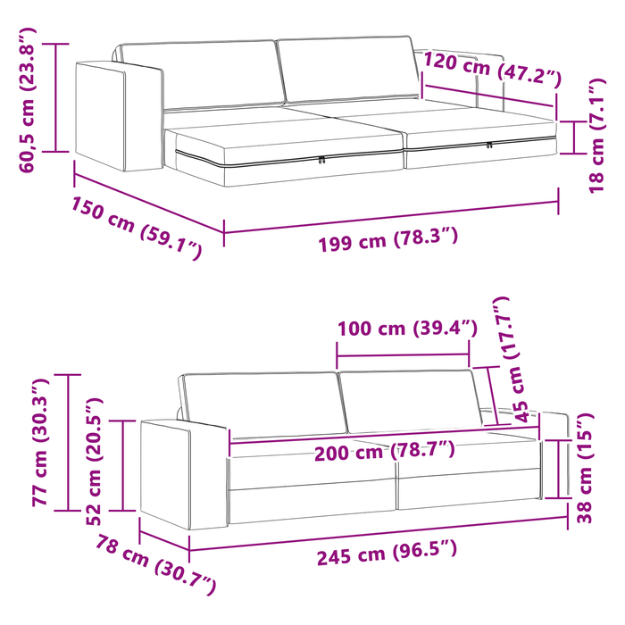 Canapea Pat 2-in-1 Neagră 245x150x60.5 cm Țesătură - WALTI WALTI