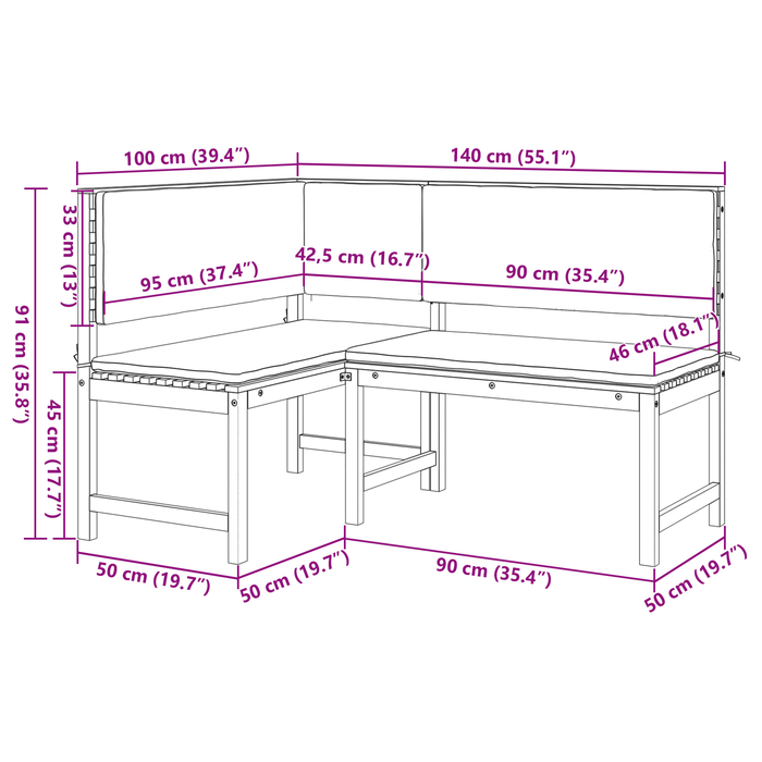 Bancă colțar de grădină cu perne 140x100x91cm lemn masiv acacia - WALTI WALTI