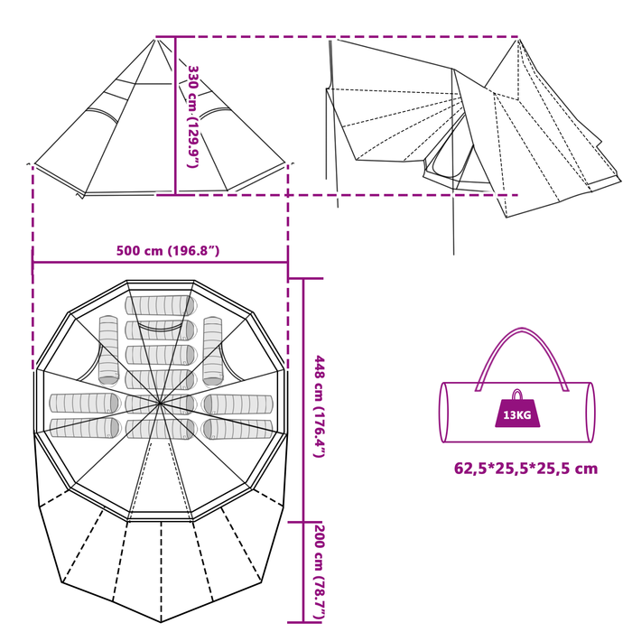 Cort de Familie Tipi Gri și Portocalie 12 Persoane Waterproof - WALTI WALTI
