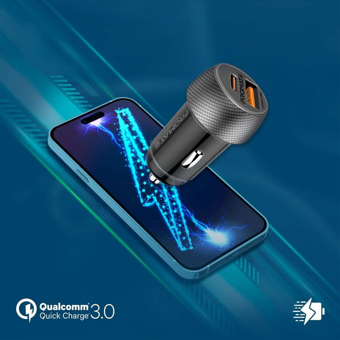 Incarcator auto PROMATE DriveGear-PD33, 1xUSB-C Power Delivery 33W, 1xUSB-A Quick Charge 18W, negru WALTI