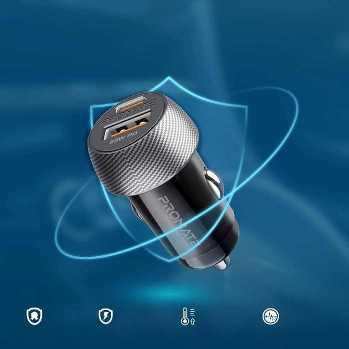 Incarcator auto PROMATE DriveGear-PD33, 1xUSB-C Power Delivery 33W, 1xUSB-A Quick Charge 18W, negru WALTI