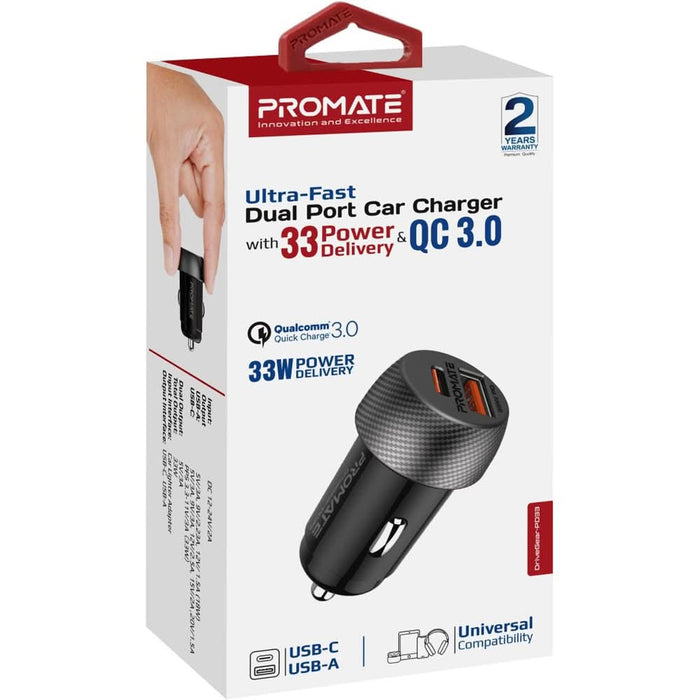Incarcator auto PROMATE DriveGear-PD33, 1xUSB-C Power Delivery 33W, 1xUSB-A Quick Charge 18W, negru WALTI