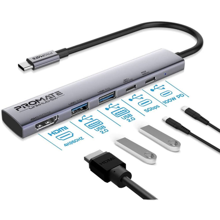 Hub USB Type-C PROMATE LinkHub-5X, USB-A, USB-C, HDMI, gri WALTI