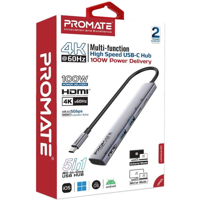 Hub USB Type-C PROMATE LinkHub-5X, USB-A, USB-C, HDMI, gri WALTI