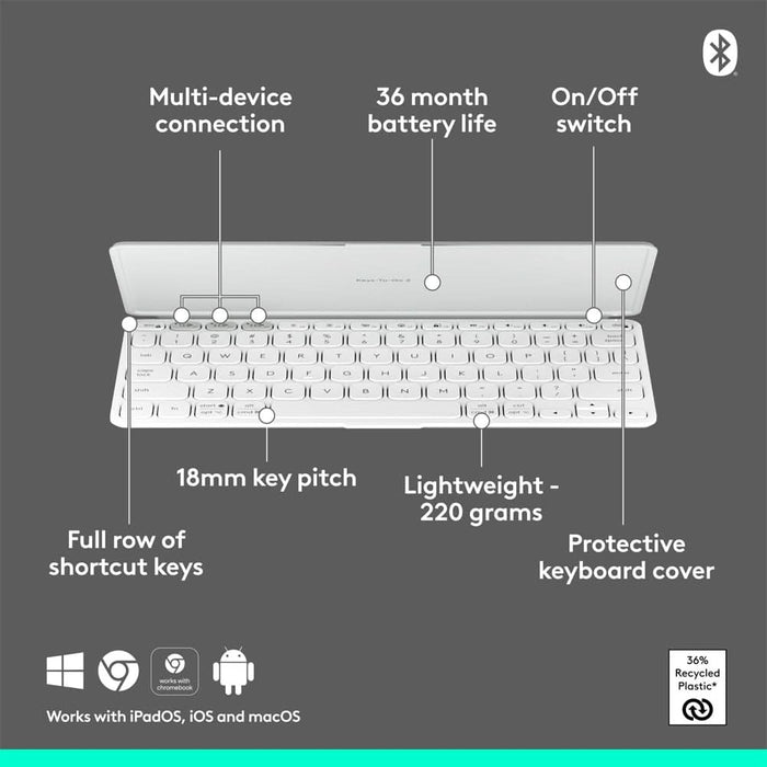 Tastatura Wireless LOGITECH KEYS To Go 2 Multi-Device, Bluetooth, Layout US INT, alb WALTI