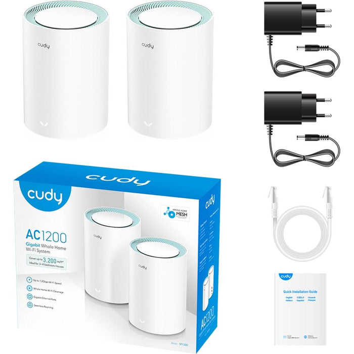 Sistem Wireless Mesh Gigabit CUDY M1300 AC1200, Wi-Fi 5, Dual-Band 300 + 867 Mbps, 2buc, alb WALTI