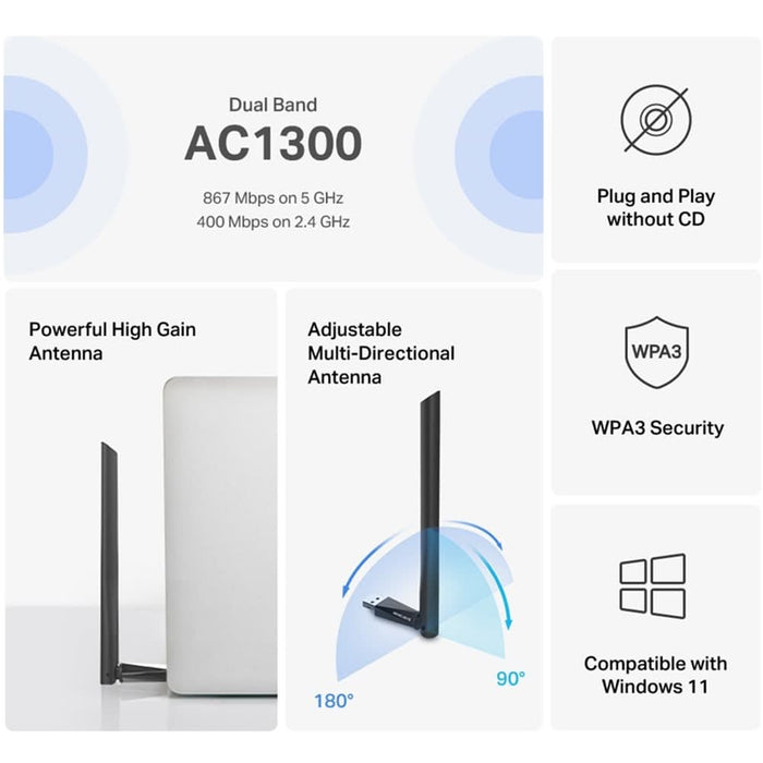 Adaptor USB Wireless MERCUSYS MA30H High-Gain AC1300, Dual Band 400 + 867 Mbps, negru WALTI
