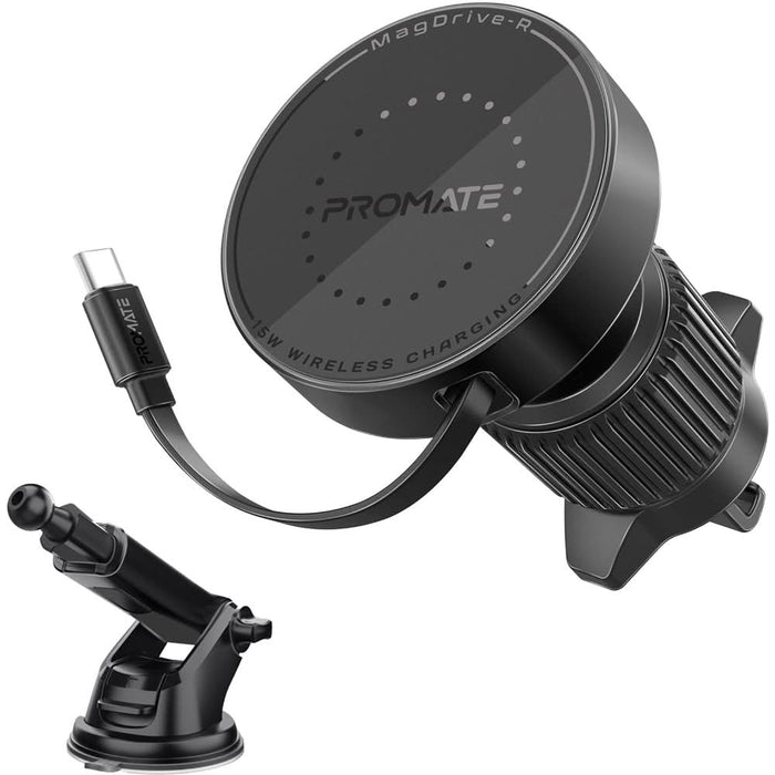 Suport auto cu incarcare wireless PROMATE MagDrive-R, parbriz/ventilatie, MagSafe 15W, negru WALTI