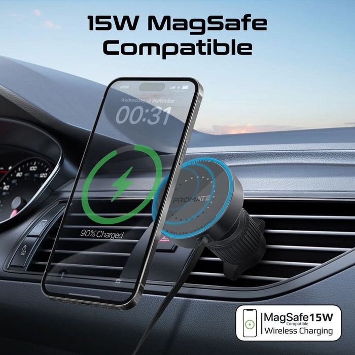 Suport auto cu incarcare wireless PROMATE MagDrive-R, parbriz/ventilatie, MagSafe 15W, negru WALTI