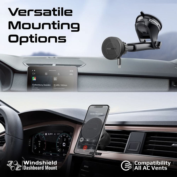 Suport auto cu incarcare wireless PROMATE MagDrive-R, parbriz/ventilatie, MagSafe 15W, negru WALTI