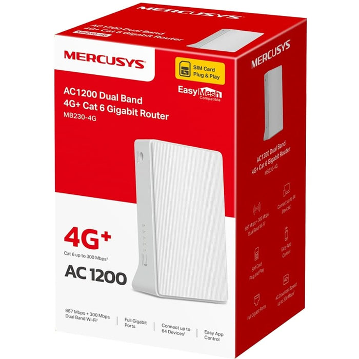 Router Wireless Gigabit MERCUSYS MB230-4G AC1200, Wi-Fi 5, Dual-Band 300 + 867 Mbps, 4G LTE Nano SIM, alb WALTI