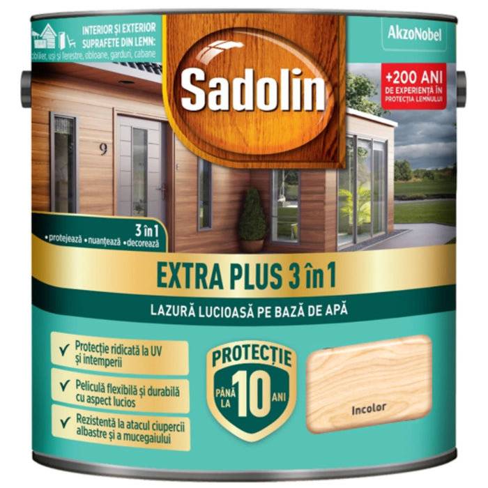 Lazura lemn Sadolin Extra Plus 3 in 1, pe baza de apa, interior/exterior, incolor, 2.5 L WALTI