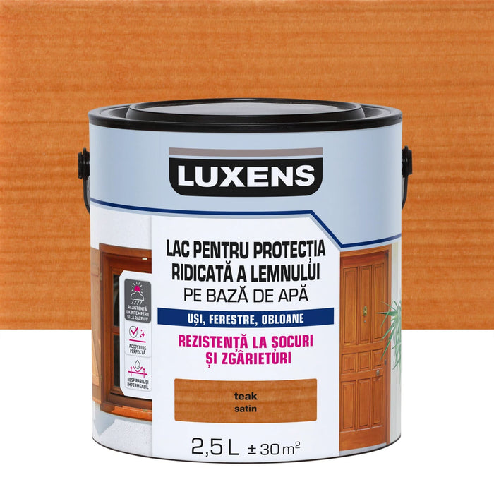 Lac pentru protectia ridicata a lemnului Luxens, pe baza de apa, satinat, teak, 2.5 L WALTI