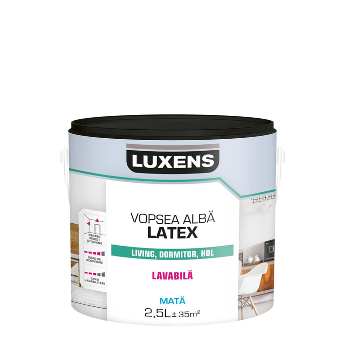 Vopsea lavabila alba Luxens, cu latex, de interior, 2.5 L, aspect mat WALTI