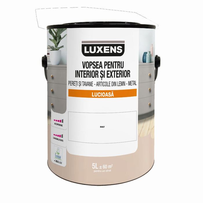 Email pe baza de apa Luxens, pentru pereti si tavane, lemn si metal, White, aspect lucios, 5 L WALTI