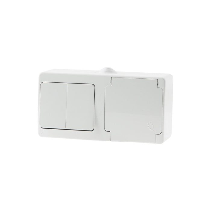 Intrerupator dublu si priza schuko simpla Gunsan Nemliyer, etans, montaj aplicat, exterior, IP54, alb WALTI