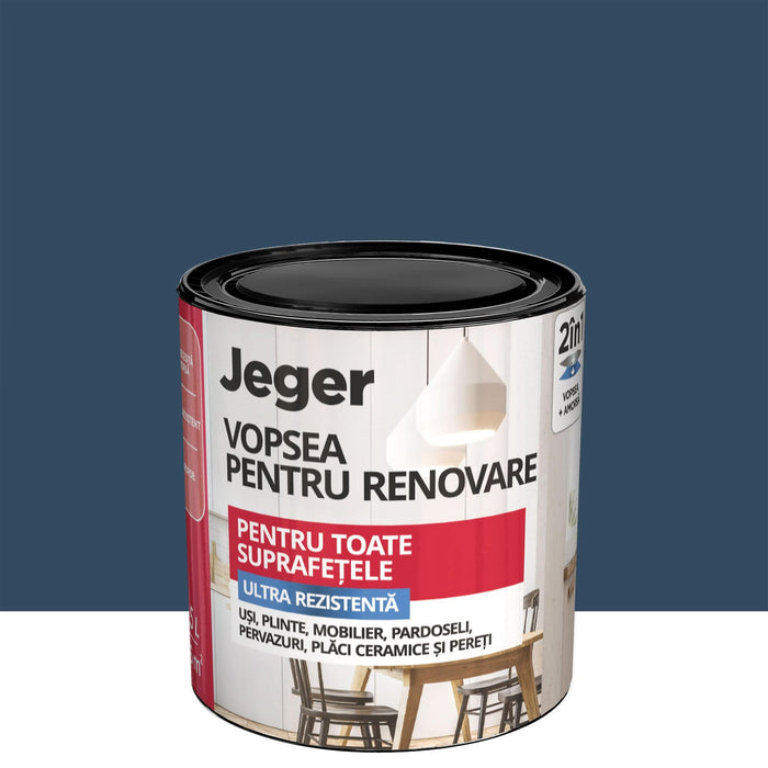 Vopsea pe baza de apa Jeger, pentru multisuprafete, albastru navy blue, aspect semilucios, 0.5 L WALTI