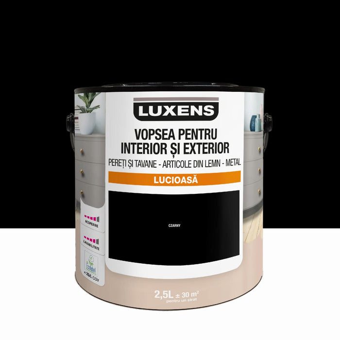 Email pe baza de apa Luxens, pentru pereti si tavane, lemn si metal, Black0, aspect lucios, 2.5 L WALTI