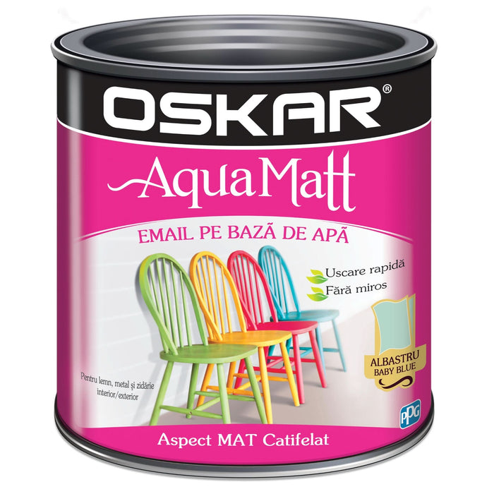 Email pe baza de apa Oskar Aqua Matt, pentru lemn si metal, albastru baby blue, aspect mat, 0.6 L WALTI