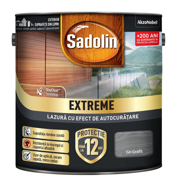 Lazura lemn Sadolin Extreme, pe baza de apa, exterior, gri grafit, 2.5 L WALTI
