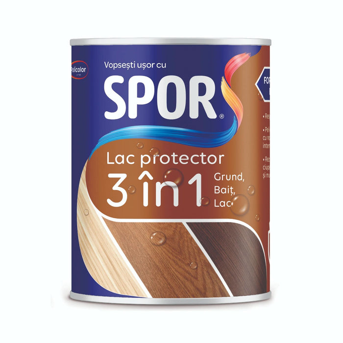 Lac protector lemn Spor 3 in 1, pe baza de solvent, lucios, stejar, 0.75 L WALTI
