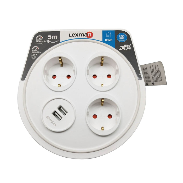 Tambur Lexman, IP20, 2 x USB, 3 prize, 3 x 1.5 mmp, 5 m, alb WALTI