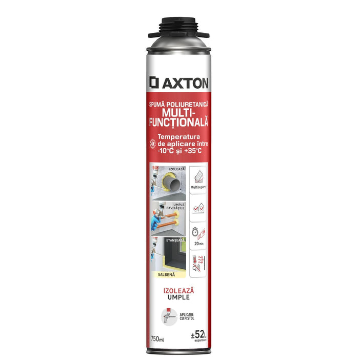 Spuma poliuretanica multifunctionala Axton, pentru izolare termica, toate anotimpurile, aplicare cu pistol, galben, 750 ml WALTI