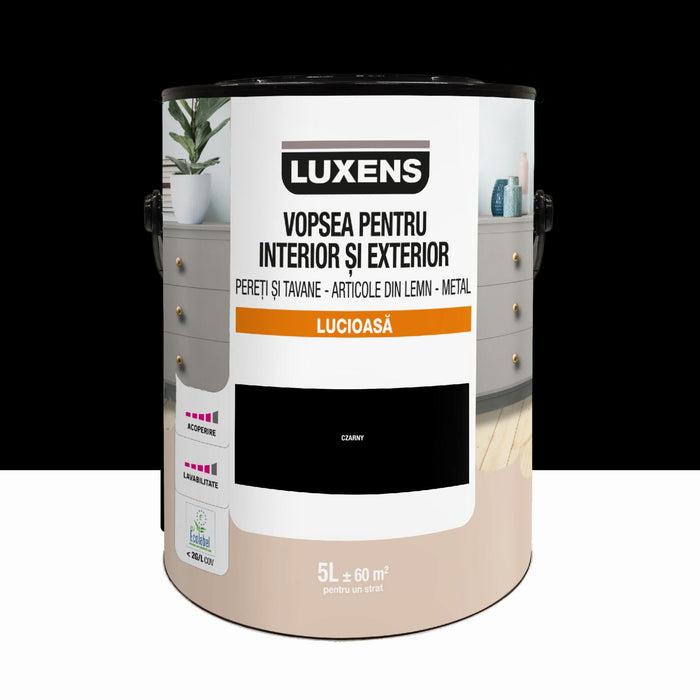 Email pe baza de apa Luxens, pentru pereti si tavane, lemn si metal, Black0, aspect lucios, 5 L WALTI
