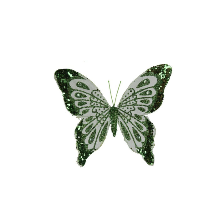 Decoratiune Craciun, pentru brad, forma fluture, cu sclipici si paiete, poliester, 20 x 17 cm, verde WALTI