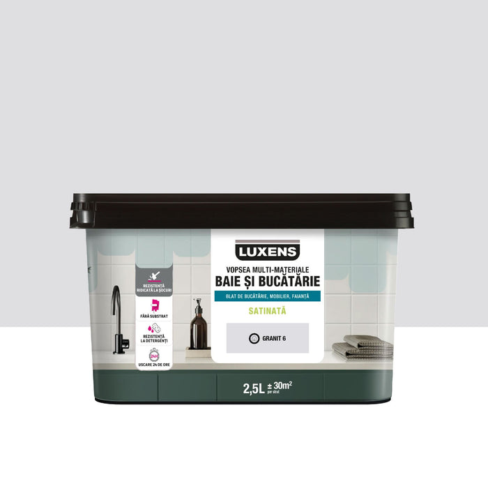 Vopsea multi-materiale, pe baza de apa Luxens, pentru baie si bucatarie, gri granit 6, aspect satinat, 2.5 L WALTI