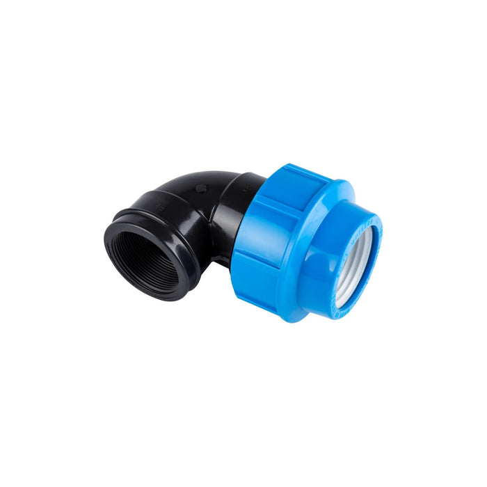 Cot compresiune pentru teava PEID, 90 grade, filet interior, Ø 20 mm x 1/2', negru/albastru WALTI